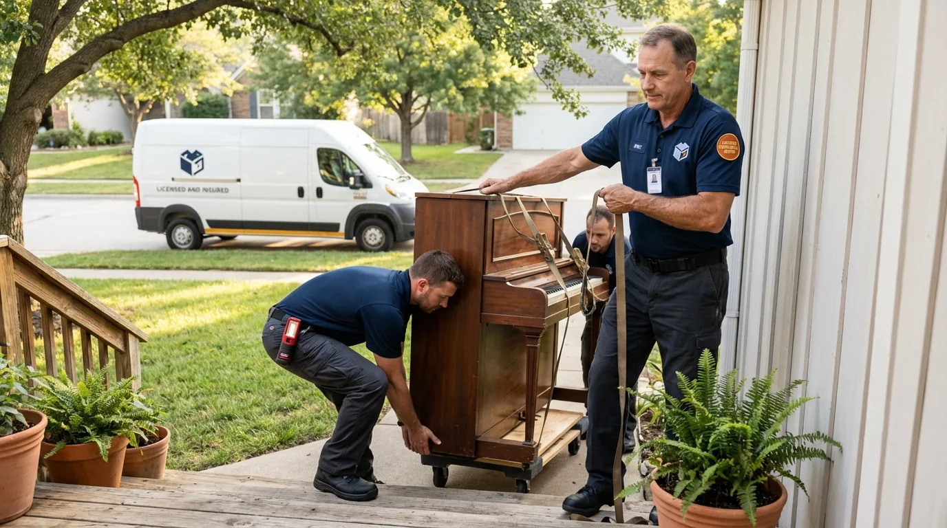 Licensed piano movers securing grand piano in Claymont, DE