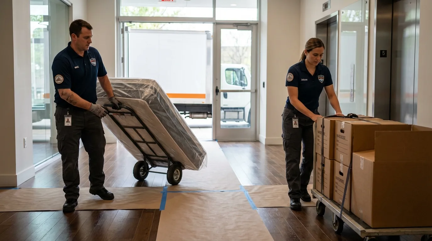 Professional apartment movers loading elevator in Claymont, DE